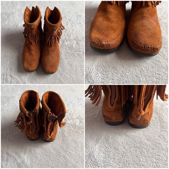 Minnetonka High Top Fringe Moccasin Suede Leather Beaded Boho Bootie Boot Brown - Picture 4 of 12